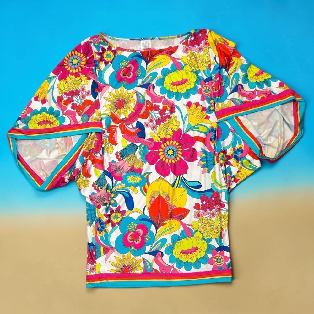 Trina Turk Bright Floral Retro Dolman Sleeve Swim Tunic Coverup L Cabana Glam